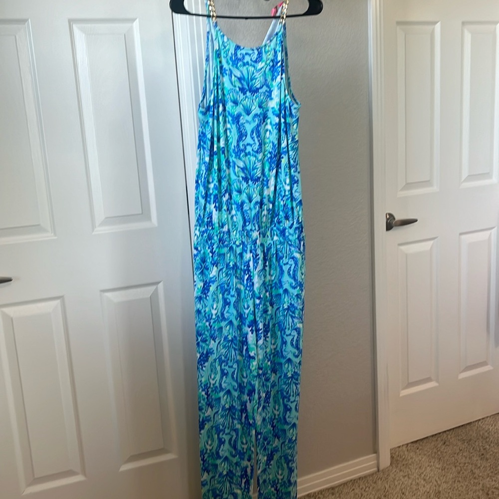 Lilly Pulitzer ocean blues seahorse and mermaid gold chain jumpsuit size small